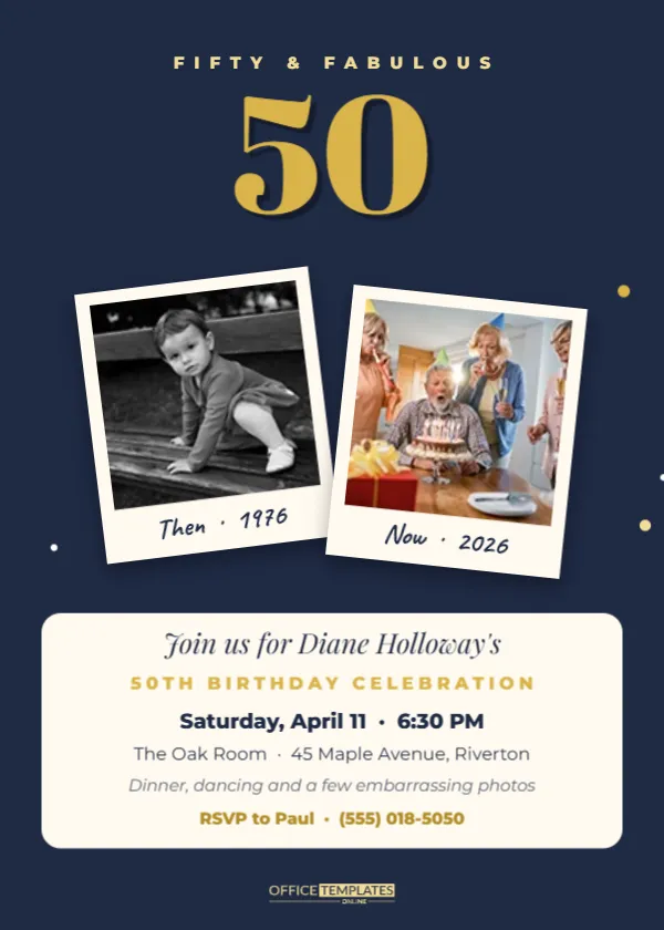 50th Birthday Invitation Template with Then and Now Photos – free editable Party Invitations template