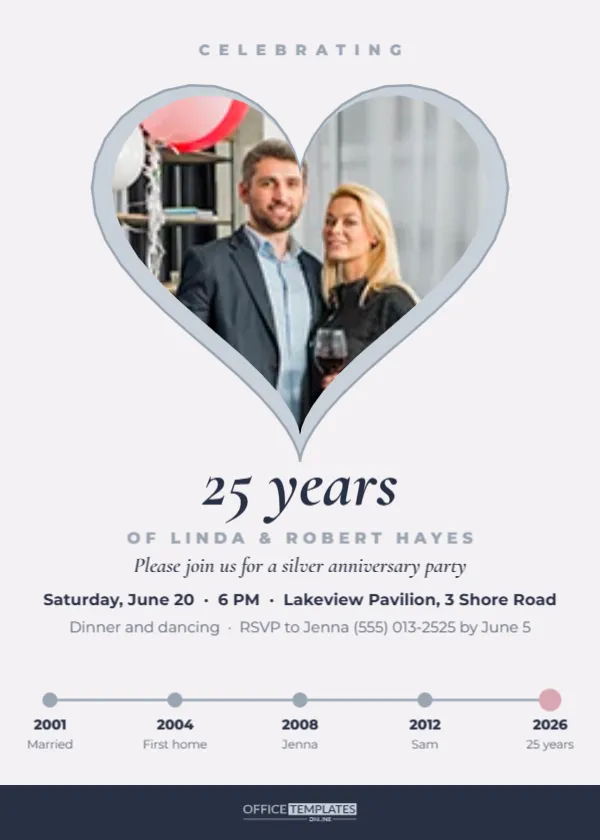 25th Anniversary Party Invitation with a Heart Photo and Timeline