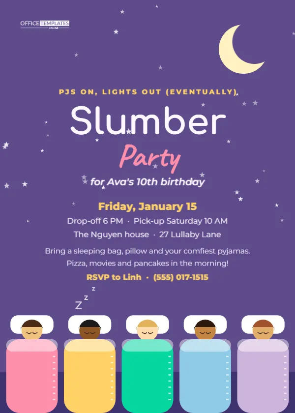 Slumber Party Invitation Template with Sleeping Bags and Stars – free editable Party Invitations template