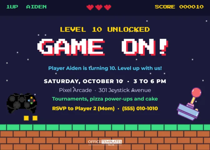 Video Game Birthday Party Invitation Template – Level Unlocked