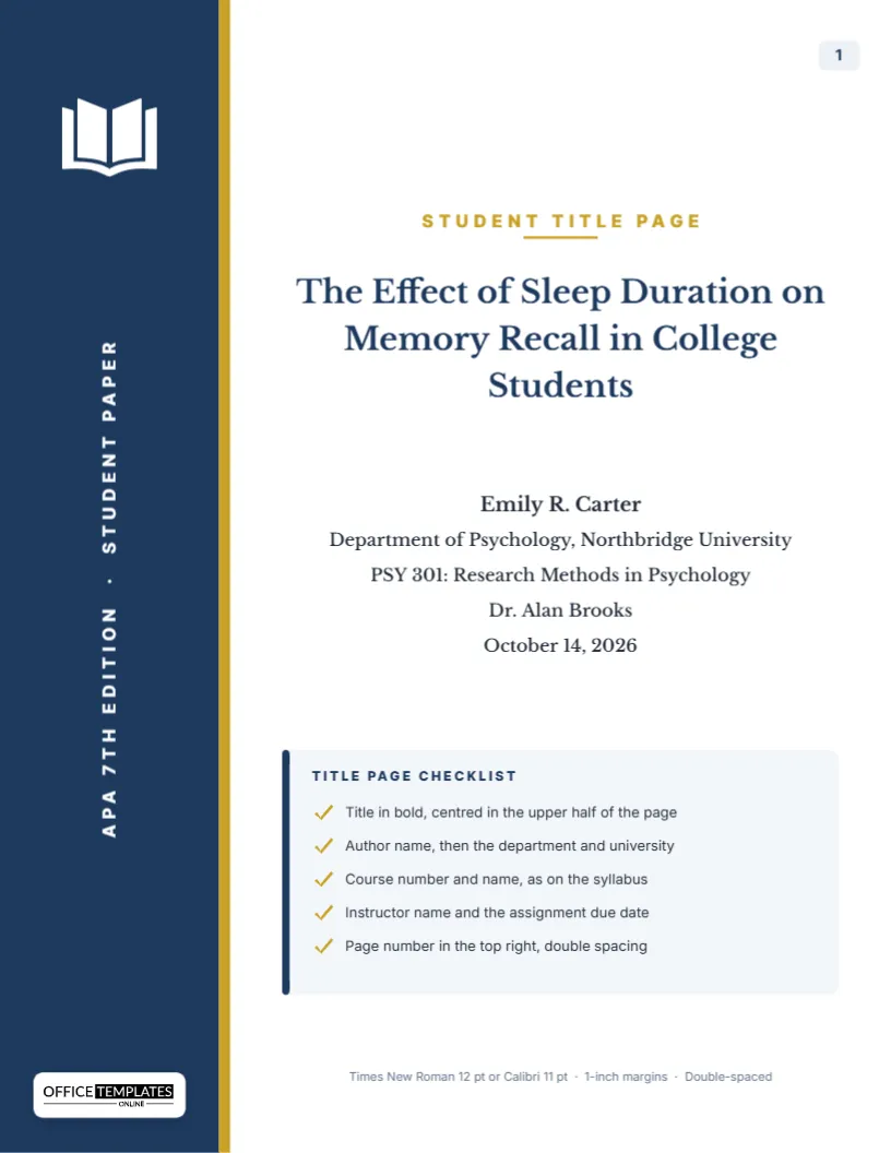 APA 7 Student Title Page Template with Navy Sidebar and Checklist