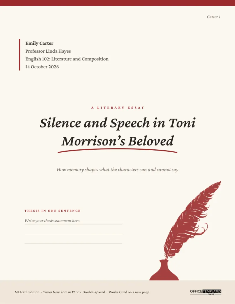 MLA Style Cover Page Template with Quill Illustration and Literary Heading