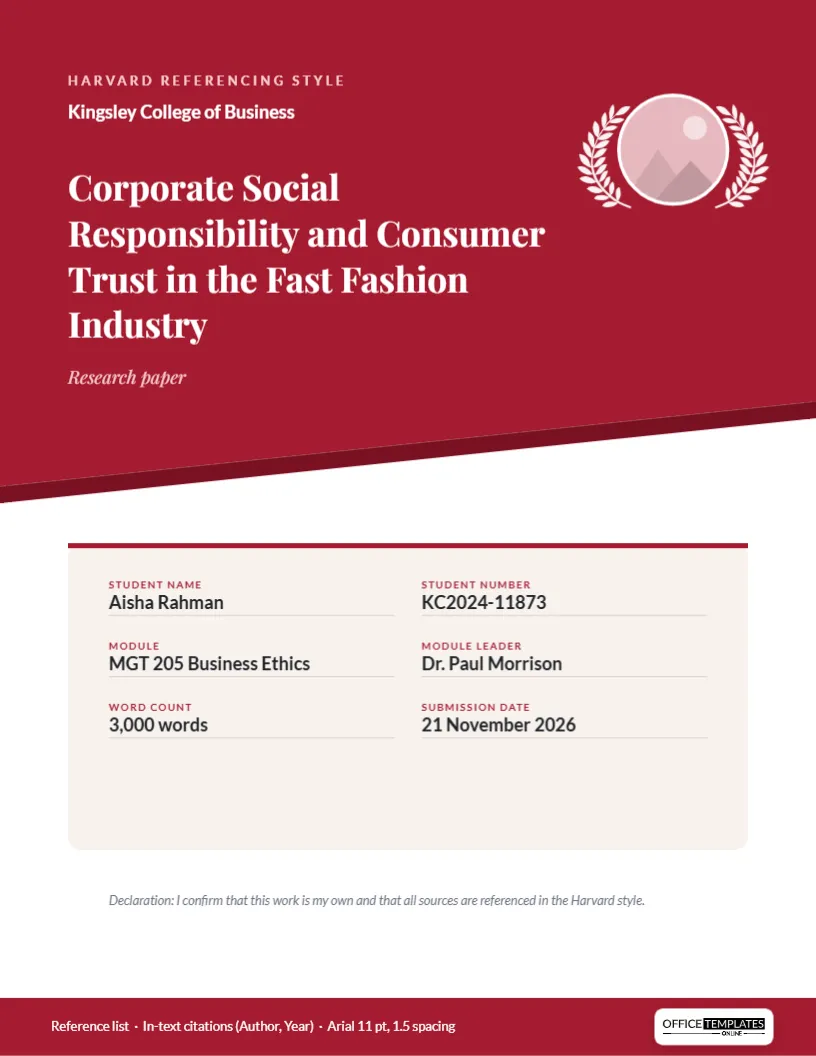 Harvard Referencing Cover Page Template – Crimson Header with Crest