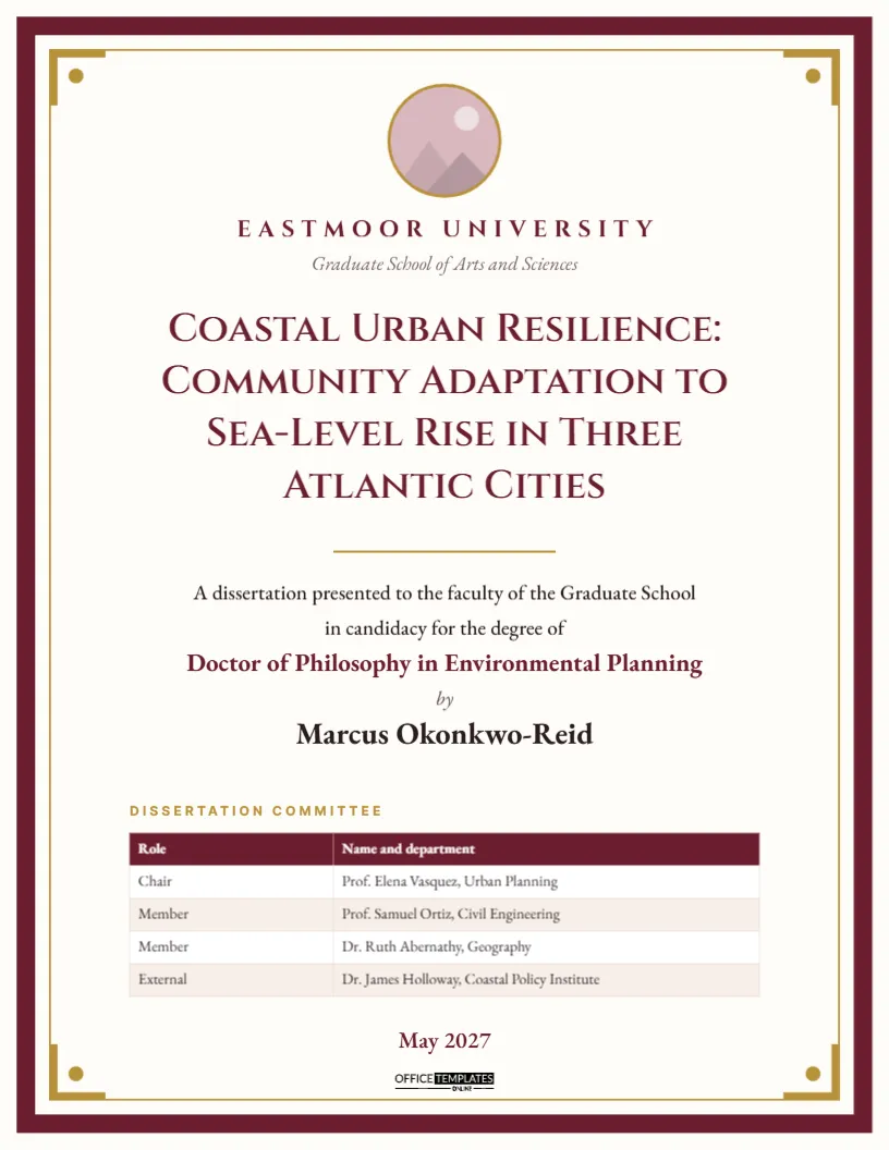 PhD Dissertation Title Page with Burgundy Frame and Committee Table – free editable Research Paper Cover Pages template