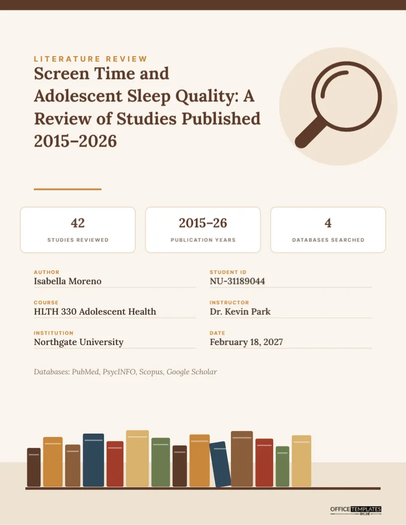 Literature Review Cover Page with Magnifier and Bookshelf Footer – free editable Research Paper Cover Pages template