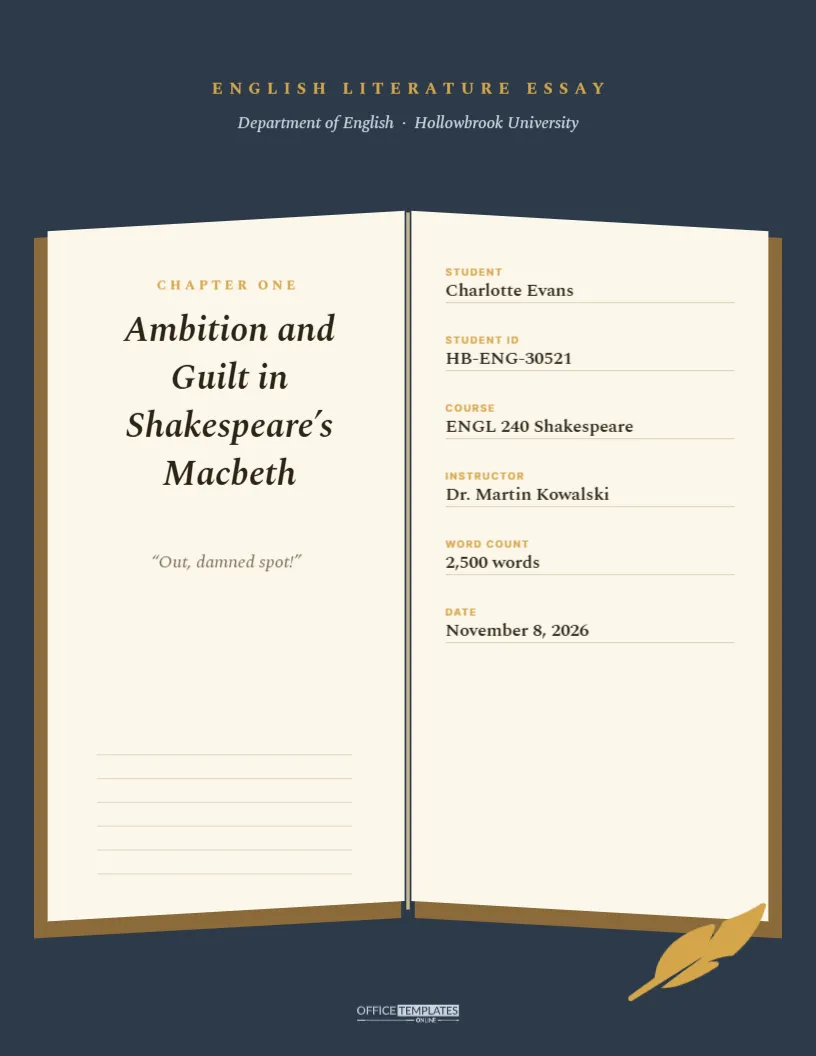 English Literature Essay Cover – Open Book Design with Gold Quill – free editable Research Paper Cover Pages template