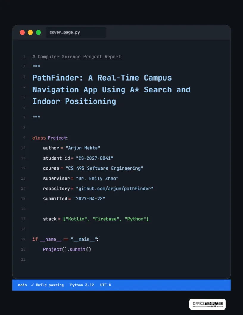 Computer Science Project Report Cover Written as Python Code – free editable Research Paper Cover Pages template