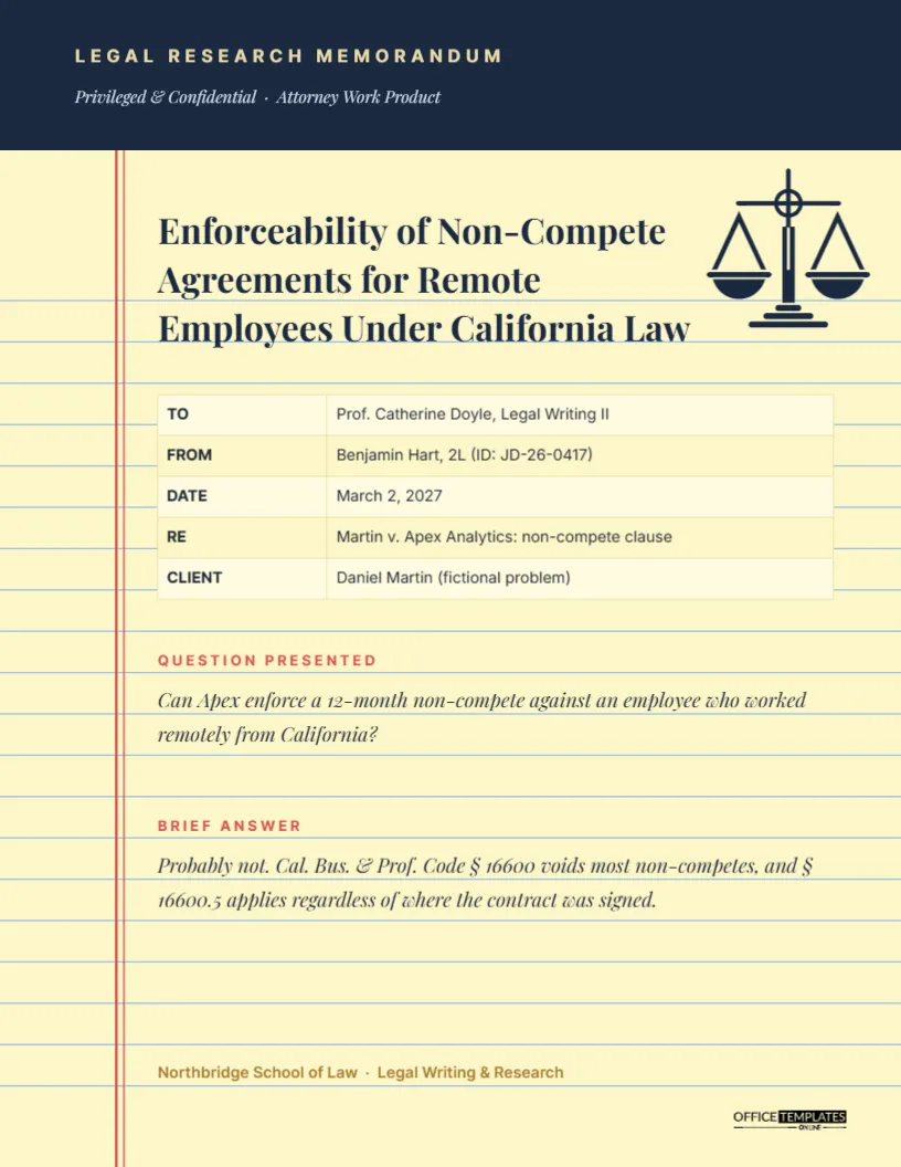 Legal Research Memorandum Cover on a Yellow Legal Pad – free editable Research Paper Cover Pages template