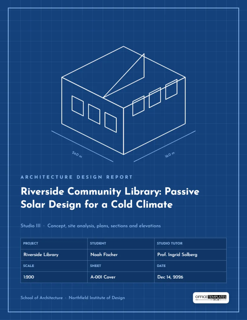 Architecture Design Report Cover – Blueprint with Isometric Building – free editable Research Paper Cover Pages template