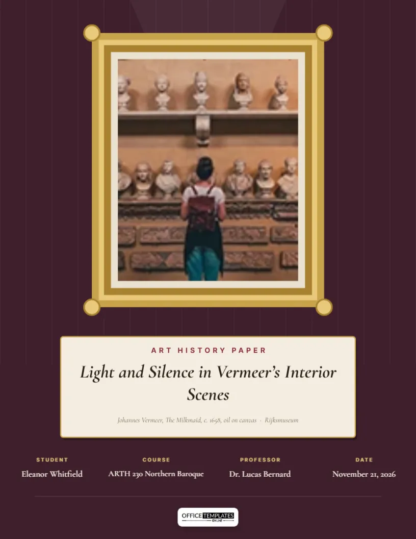 Art History Paper Cover Page with a Gilded Frame and Museum Plaque – free editable Research Paper Cover Pages template