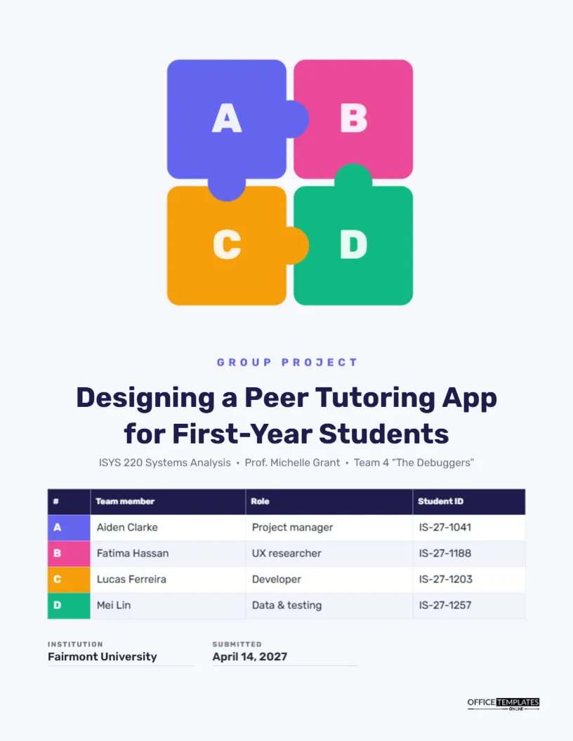 Group Project Cover Page with Puzzle Pieces and Team Roles Table – free editable Research Paper Cover Pages template