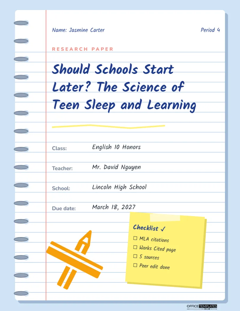 High School Research Paper Cover – Spiral Notebook and Sticky Note – free editable Research Paper Cover Pages template
