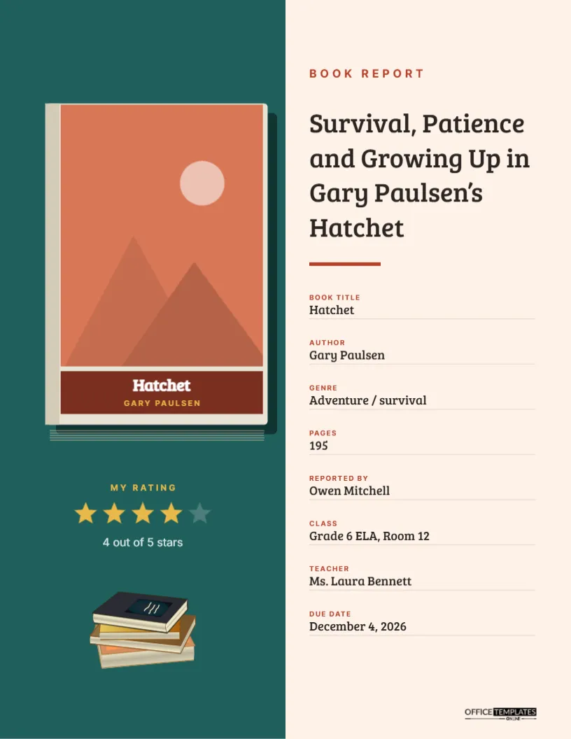 Book Report Cover Page with Hardcover Book and Star Rating – free editable Research Paper Cover Pages template