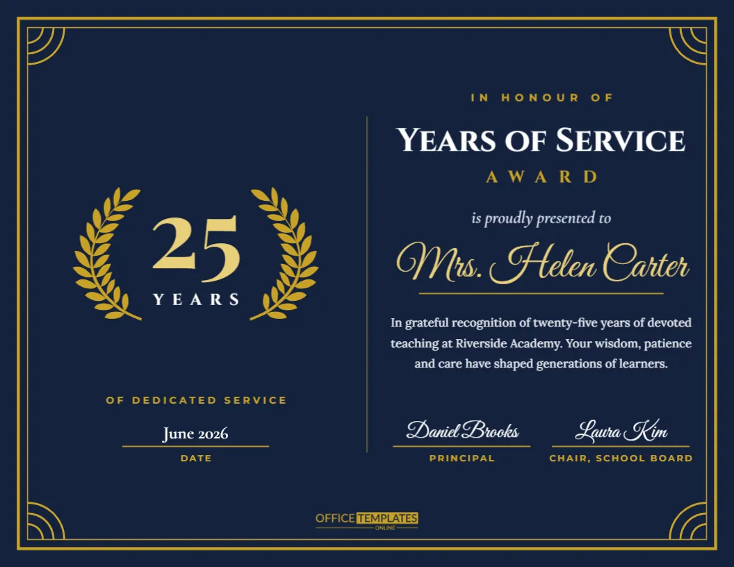 Years of Service Award Certificate for Teachers – Navy and Gold Laurel – free editable Teacher Certificates template