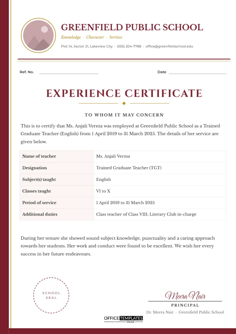 Teacher Experience Certificate Format – School Letterhead Template – free editable Teacher Certificates template