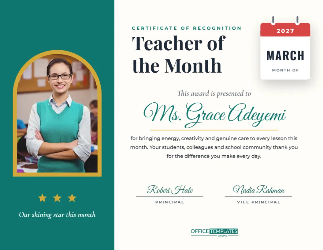 Teacher of the Month Certificate With Photo – Calendar Page Design – free editable Teacher Certificates template