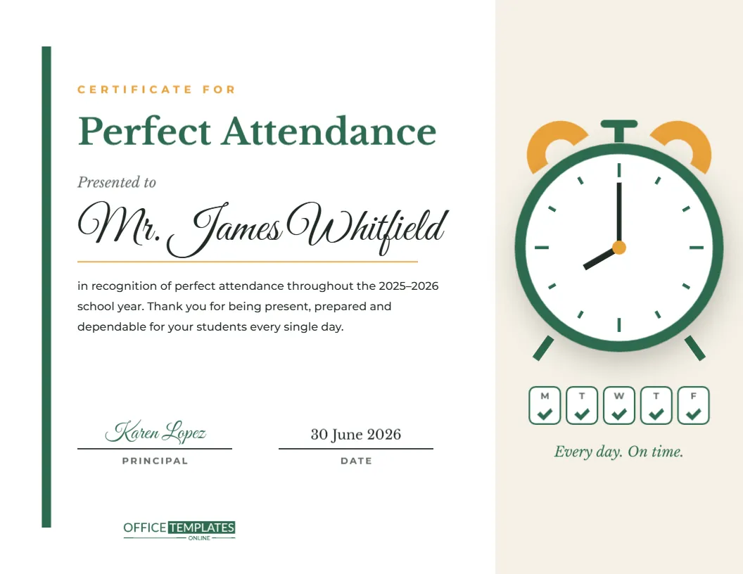 Perfect Attendance Award for Teachers – Alarm Clock Certificate – free editable Teacher Certificates template