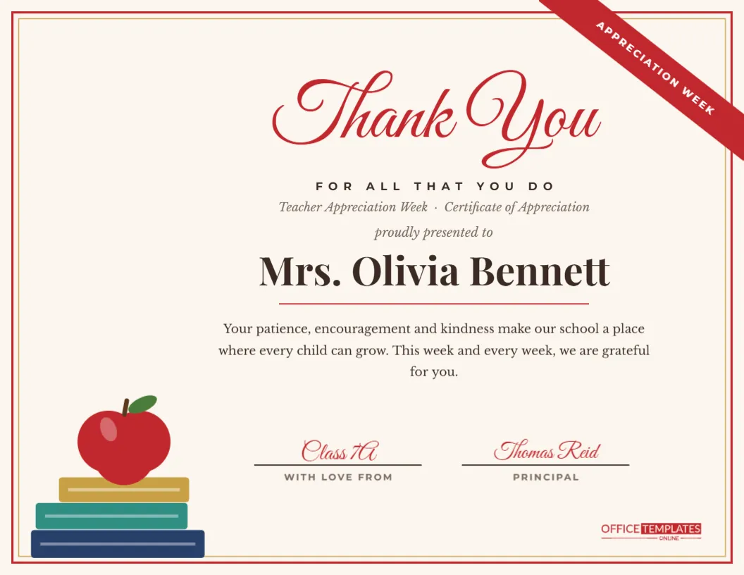 Teacher Appreciation Week Certificate- Apple and Books Thank You – free editable Teacher Certificates template