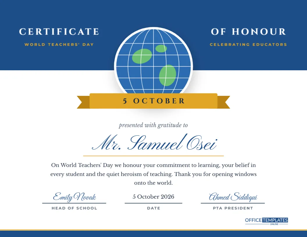World Teachers’ Day Certificate – 5 October Globe Design – free editable Teacher Certificates template