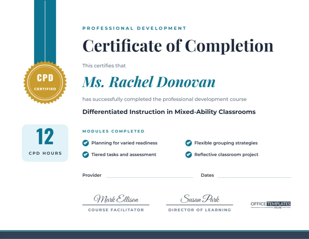 Teacher Training Completion Certificate – CPD Hours Template – free editable Teacher Certificates template