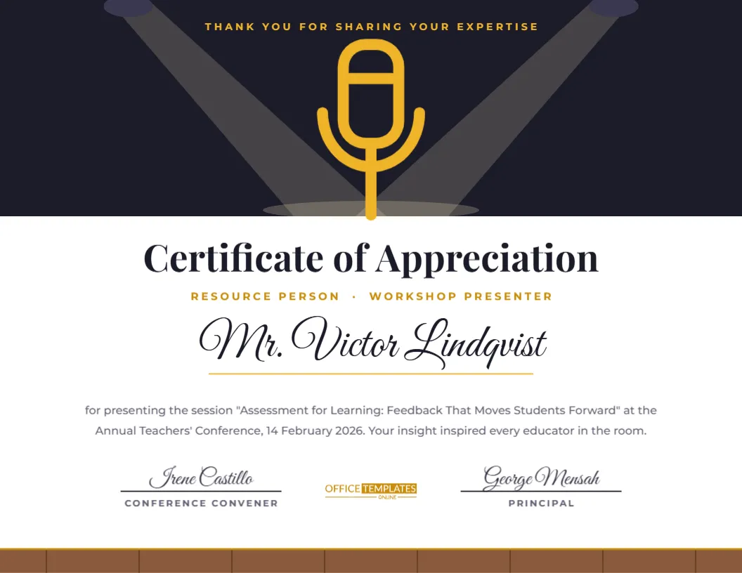 Workshop Presenter and Resource Person Certificate – Spotlight Stage – free editable Teacher Certificates template
