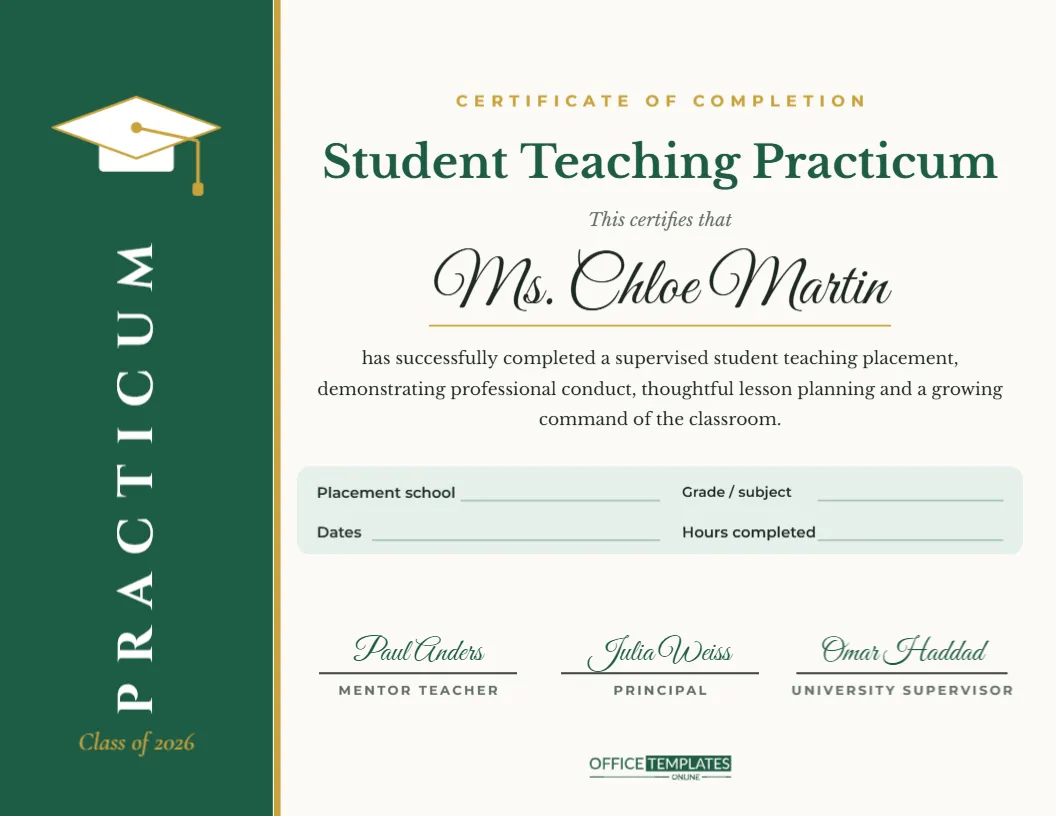Student Teaching Practicum Certificate for Trainee Teachers – free editable Teacher Certificates template