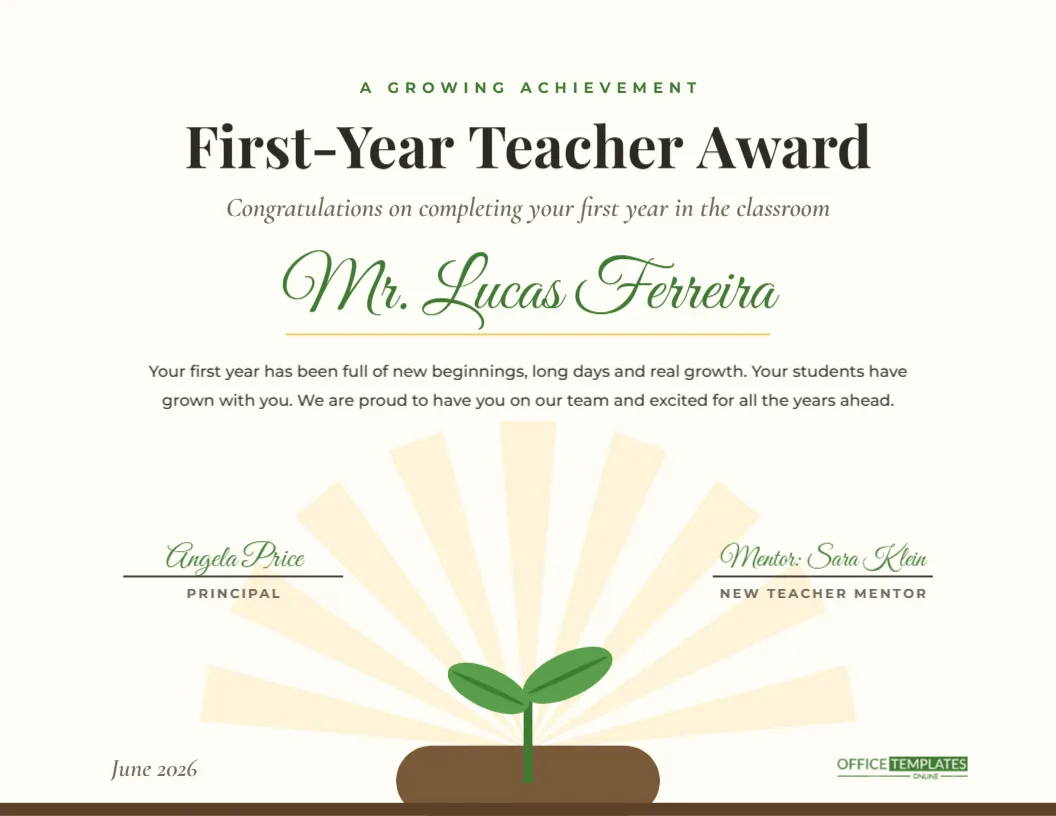 First-Year Teacher Award Certificate – Seedling and Sunrise Design – free editable Teacher Certificates template