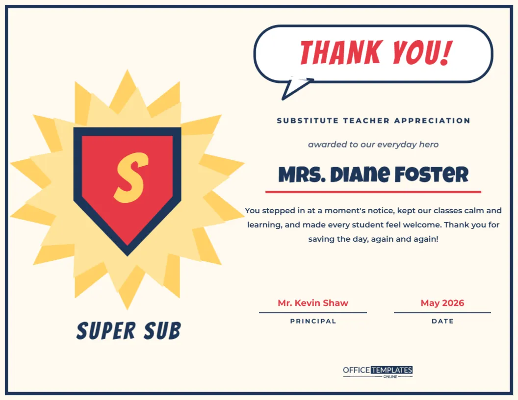 Substitute Teacher Appreciation Certificate – “Super Sub” Comic Design – free editable Teacher Certificates template