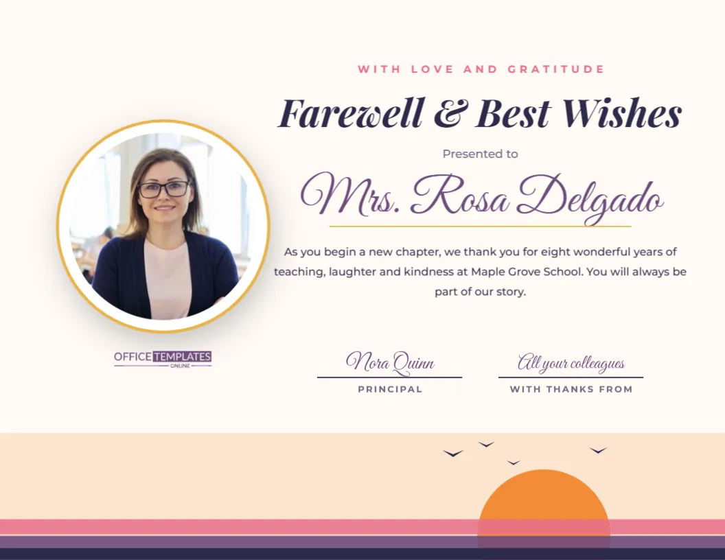 Farewell Certificate for a Teacher – Sunset and Photo Design – free editable Teacher Certificates template