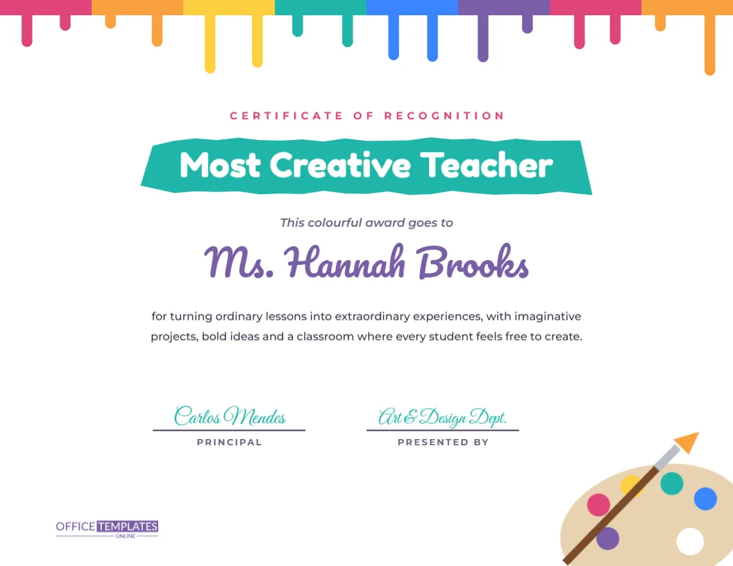 Most Creative Teacher Award Certificate – Paint Drips and Palette – free editable Teacher Certificates template