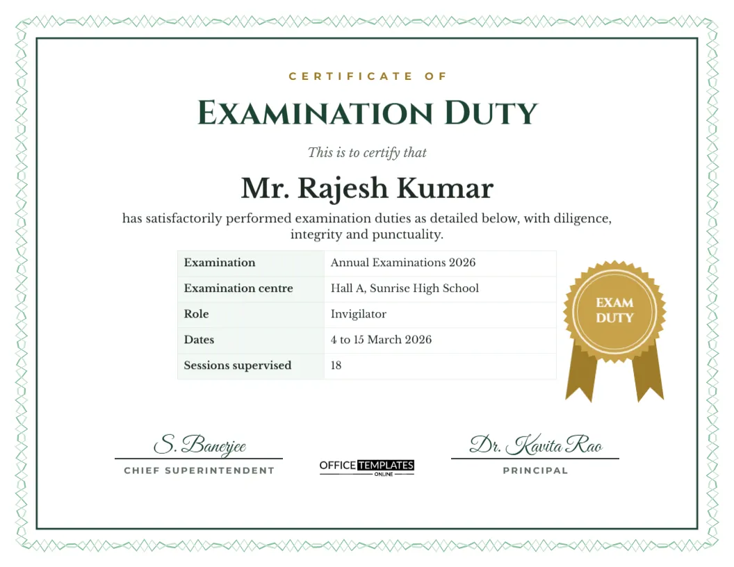 Exam Invigilation Duty Certificate for Teachers – Official Format