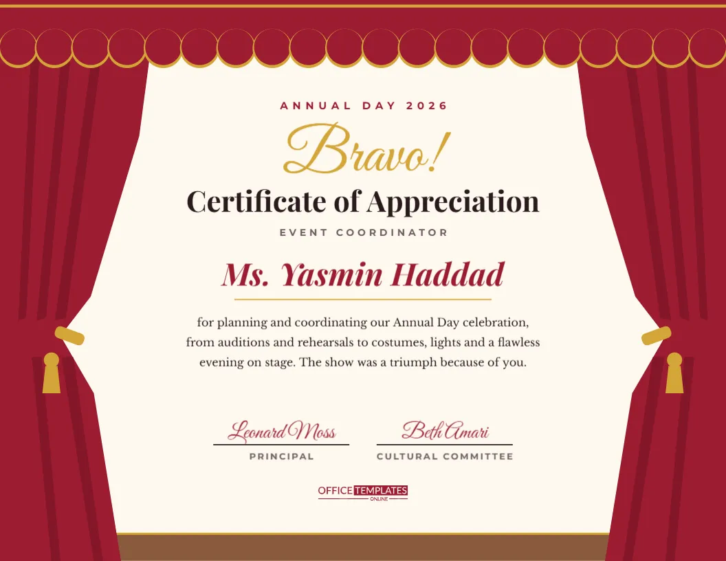 Event Coordinator Appreciation Certificate – Theatre Curtain Design