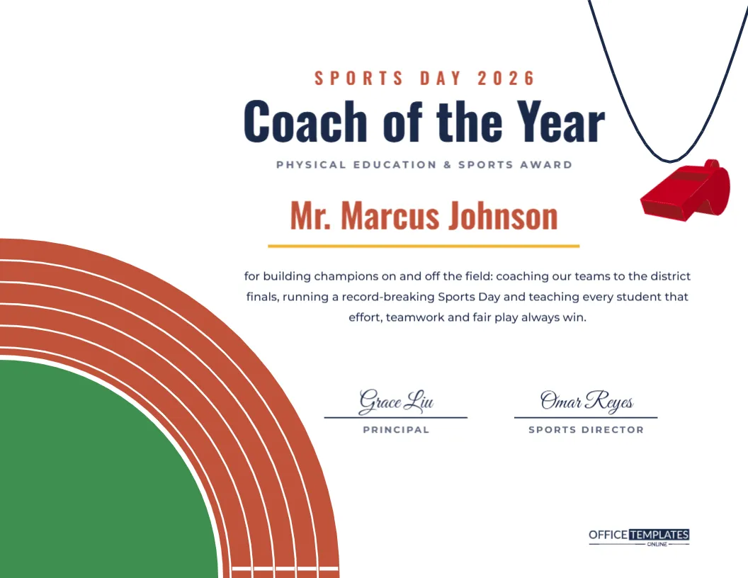 Coach of the Year Certificate – PE Teacher and Sports Coach Award – free editable Teacher Certificates template