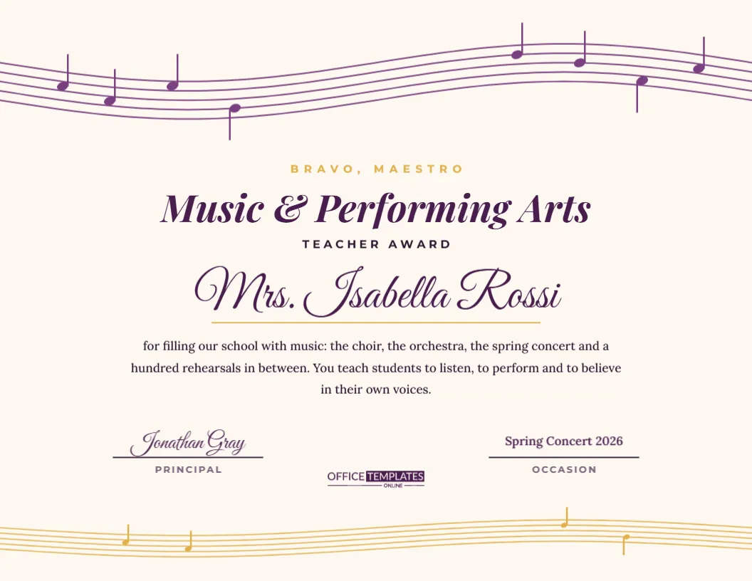 Music and Performing Arts Teacher Award – Flowing Staff Certificate – free editable Teacher Certificates template