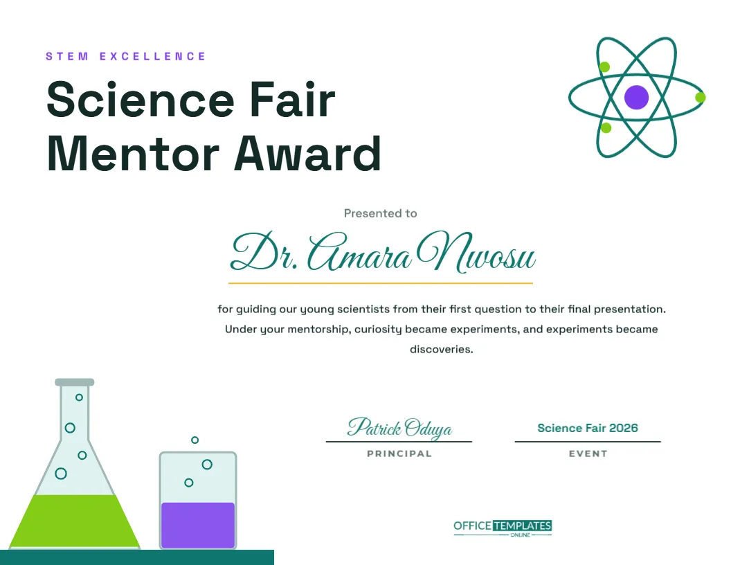 Science Fair Mentor Award – STEM Teacher Certificate With Lab Glassware – free editable Teacher Certificates template