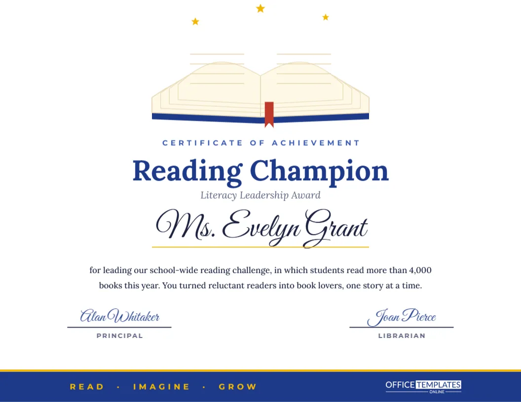 Reading Champion Award for Teachers – Open Book Literacy Certificate – free editable Teacher Certificates template