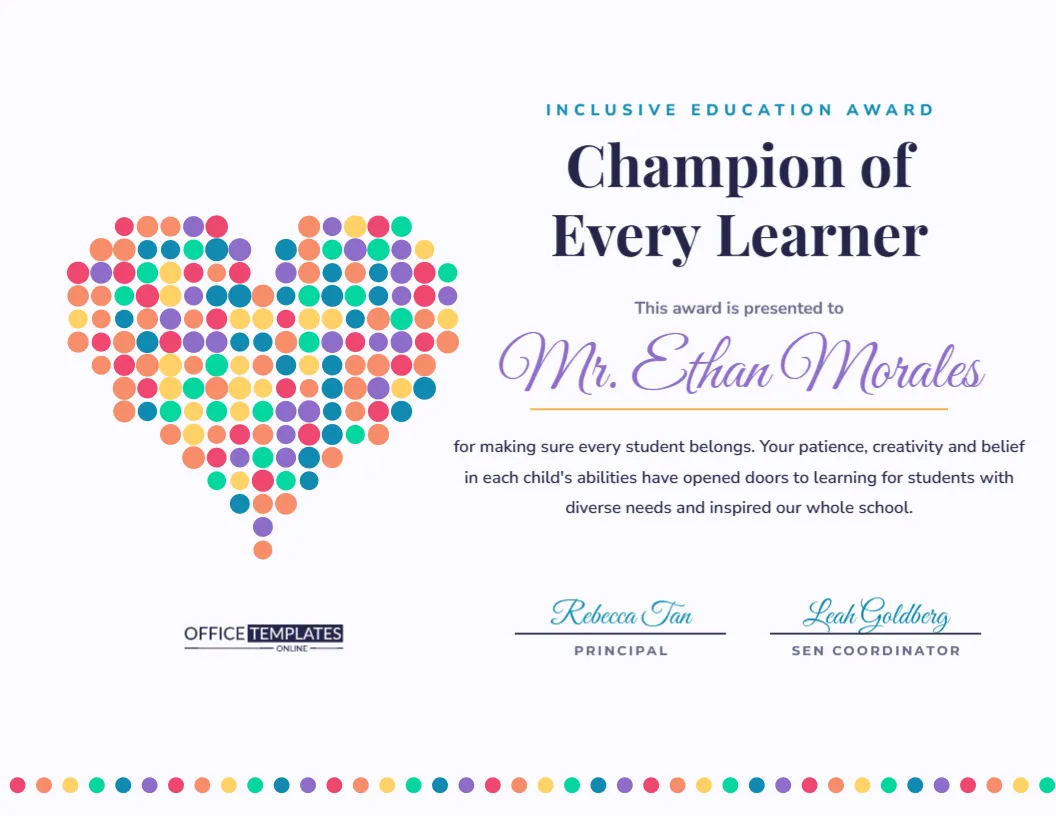 Inclusive Education Award – Special Education Teacher Certificate – free editable Teacher Certificates template