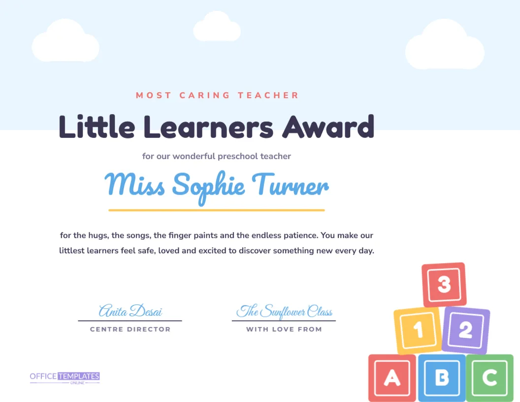 Preschool Teacher Award – “Little Learners” Kindergarten Certificate – free editable Teacher Certificates template