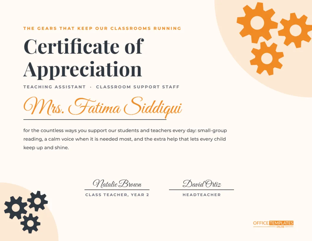 Teaching Assistant Appreciation Certificate – Gears Design – free editable Teacher Certificates template