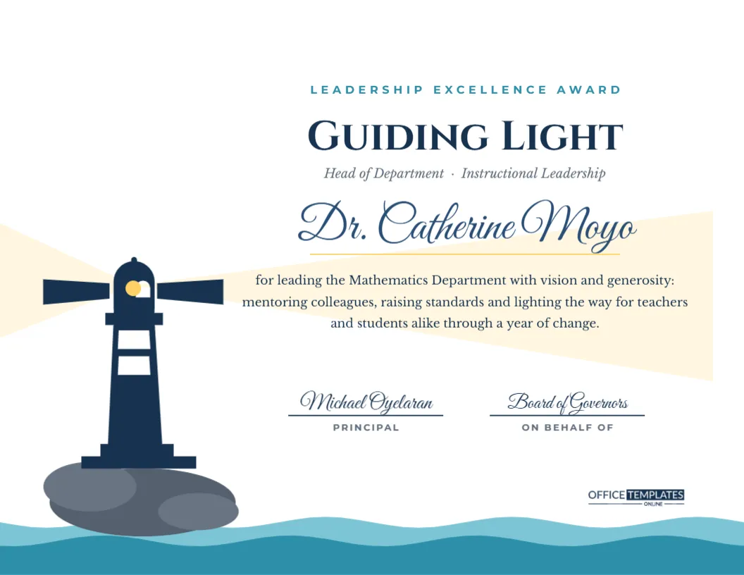 Leadership Excellence Award – Guiding Light Head of Department Certificate – free editable Teacher Certificates template