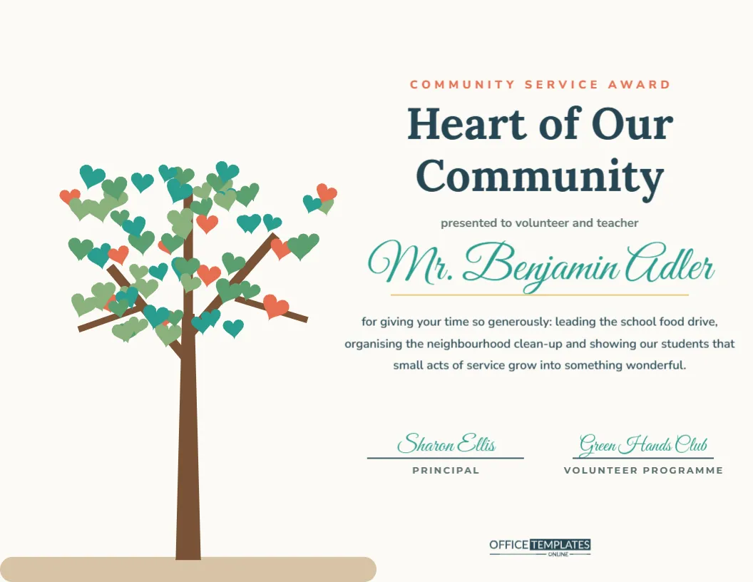 Community Service Award for Teachers – Tree of Hearts Certificate