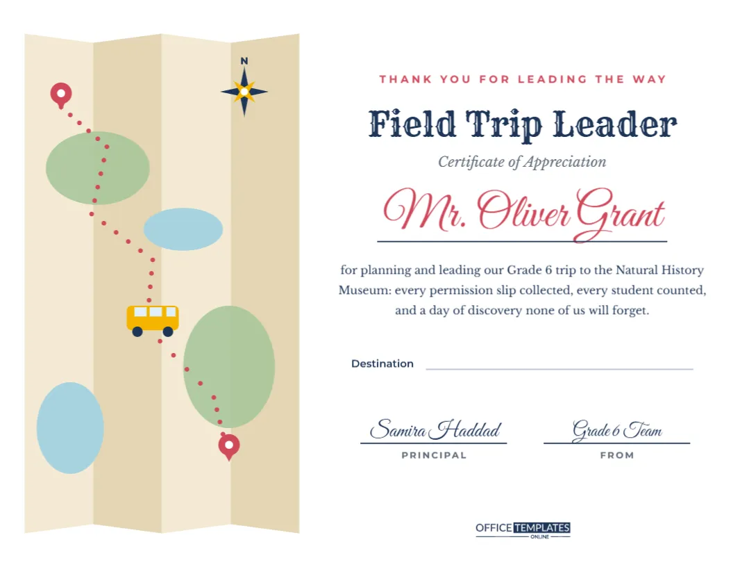 Field Trip Leader Appreciation Certificate – Folded Map Design