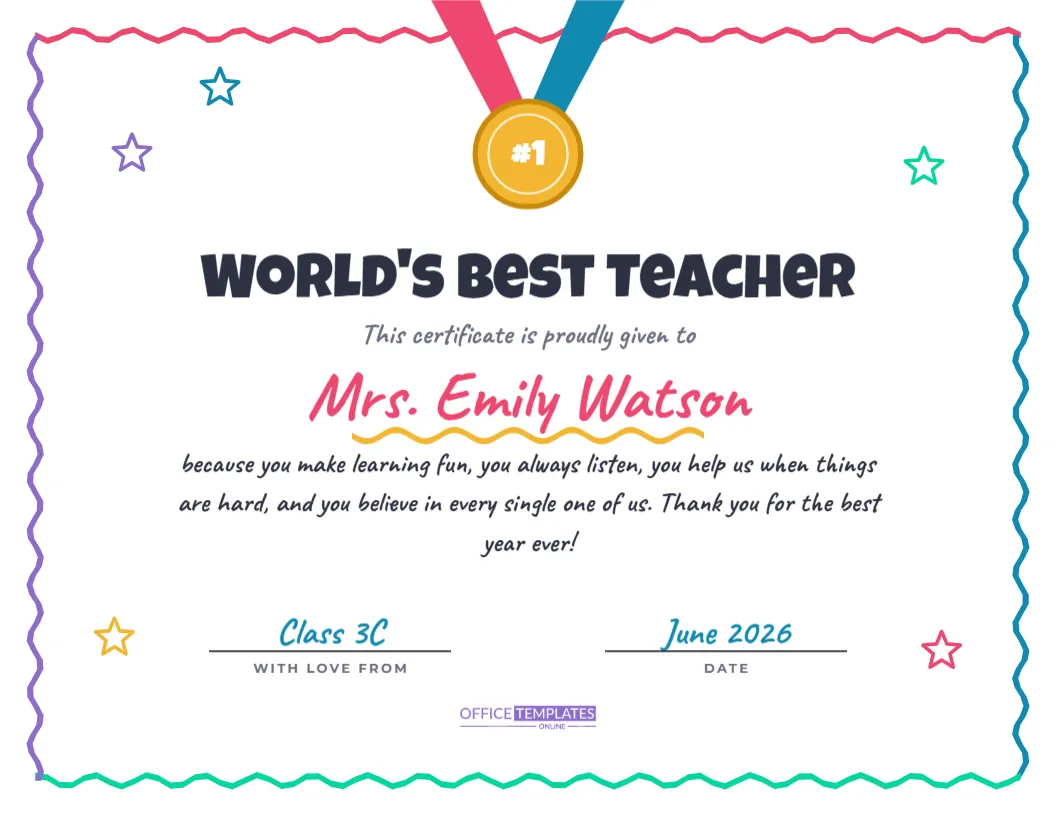 “World’s Best Teacher” Certificate From Students – Gold Medal Design