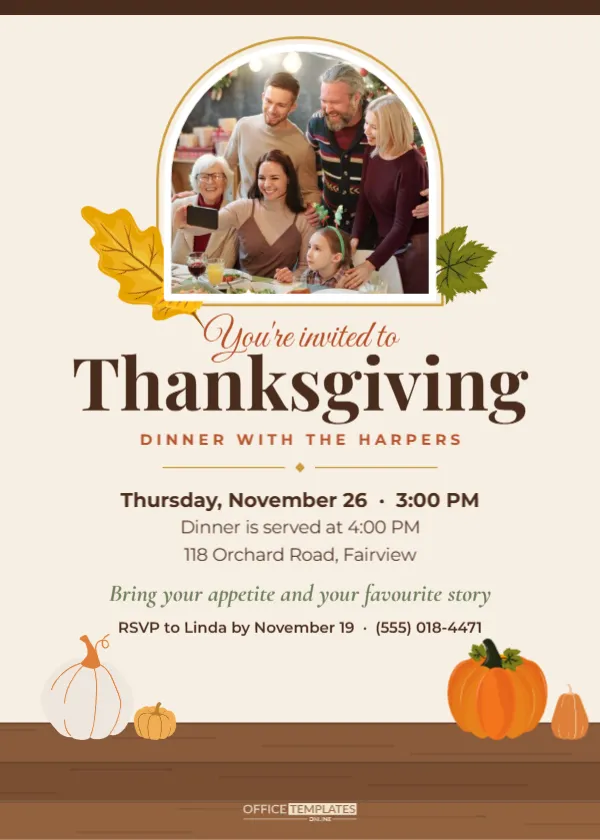 Family Thanksgiving Dinner Invitation Template with a Photo – free editable Thanksgiving template