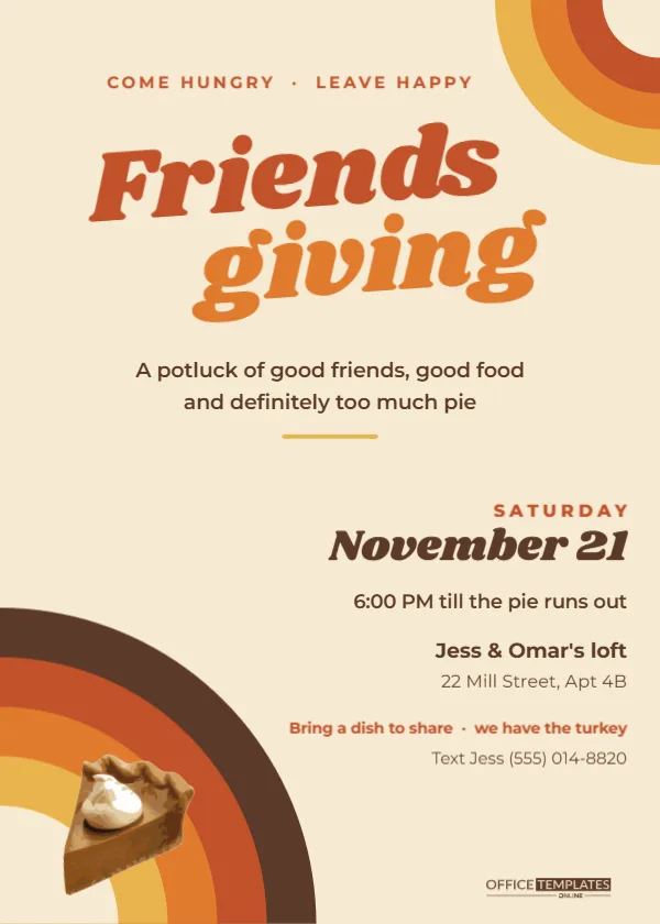 Retro Friendsgiving Invitation Template with 70s Sunset Arcs – free editable Thanksgiving template