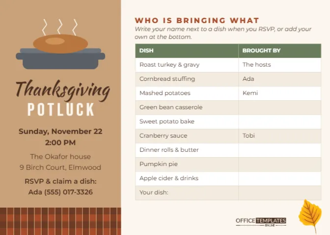 Thanksgiving Potluck Invitation with a Dish Sign-Up Table – free editable Thanksgiving template