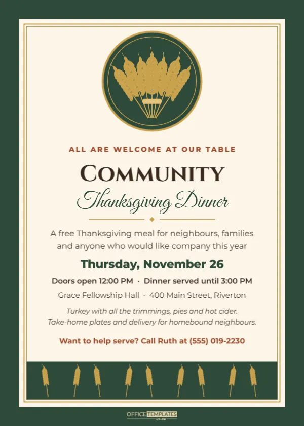 Community Thanksgiving Dinner Invitation for a Free Public Meal – free editable Thanksgiving template