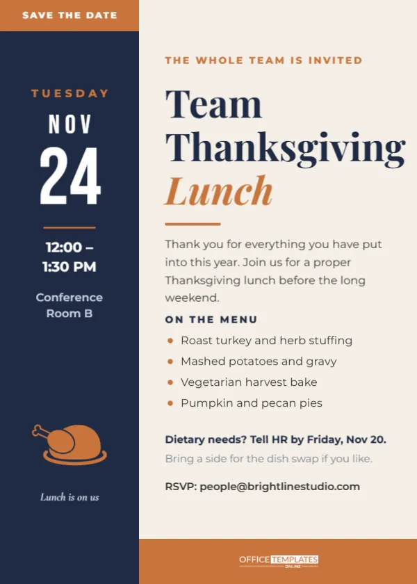 Office Thanksgiving Lunch Invitation Template for Teams – free editable Thanksgiving template