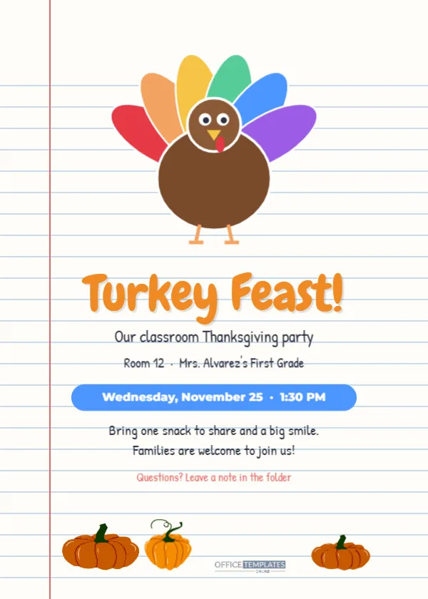 Kids Thanksgiving Party Invitation for a Classroom Turkey Feast