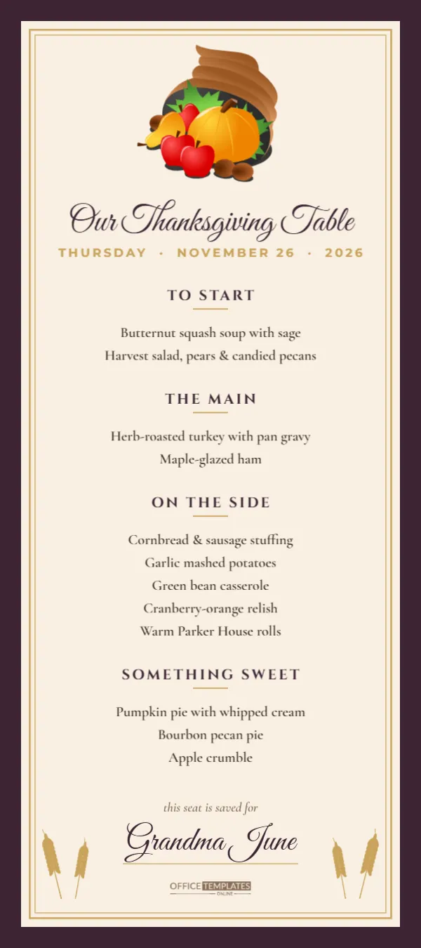 Thanksgiving Dinner Menu Card with a Cornucopia and Guest Name